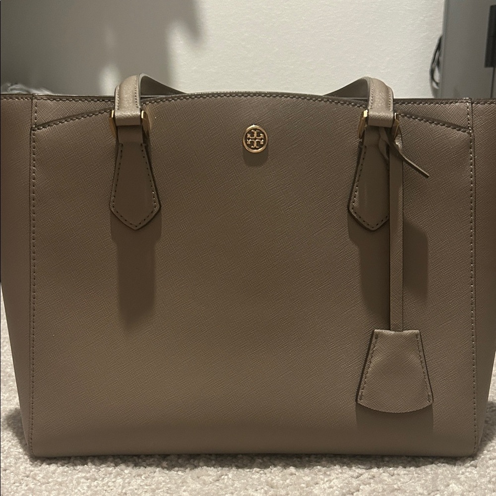 Tory Burch Taupe Saffiano Leather Tote with Gold Logo
